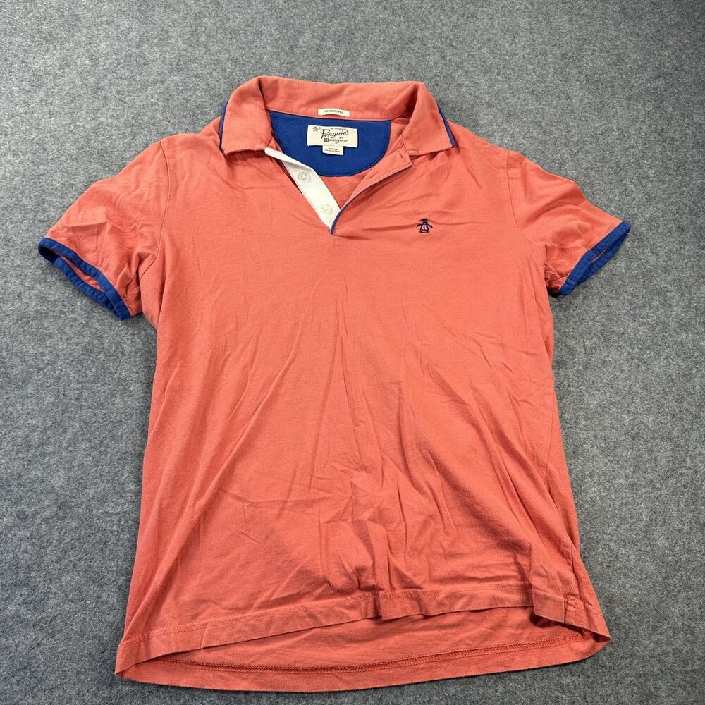 Original Penguin Polo Shirt Mens Small Orange Classic Fit Contrast Collar Logo